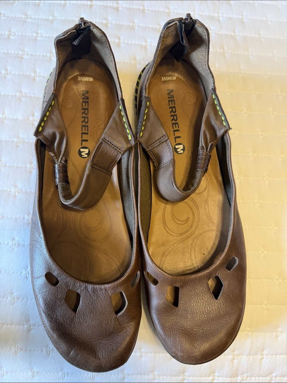 Merrell Brown Leather Cutout Slingback Flats with Lime Stitching